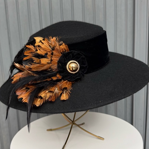 Vintage Black Feather Embellished Wide Brim Hat Small Fit Winter Pheasant Wool - Picture 12 of 12